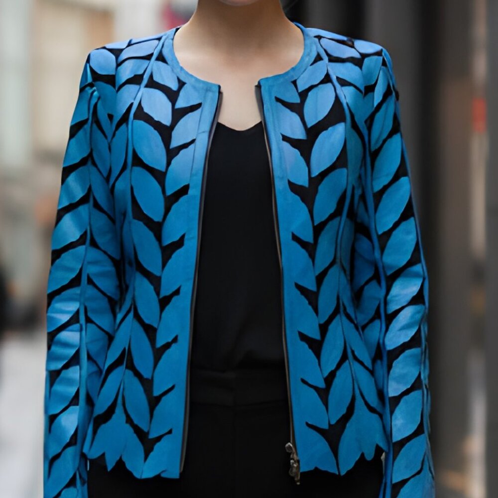Leather Jacket Women's Outfit Tops Blouses Shirt Sheer Handmade Leaf